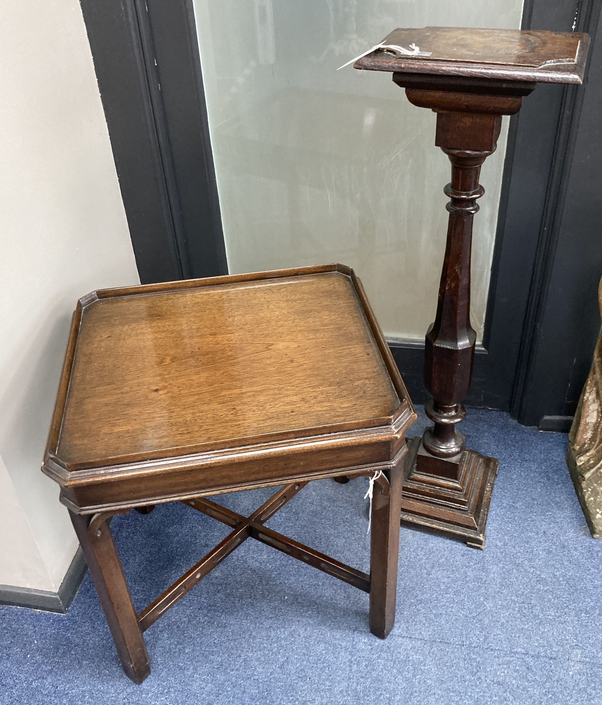 A George III style mahogany rectangular tray top occasional table, width 50cm, depth 42cm, height 53cm together with an oak torchere